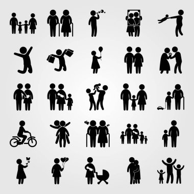 İnsanlar Icon set vektör. veren çiçekler, oynayan çocuk, çocuk Bisiklet ve büyük bir aile binmek adam