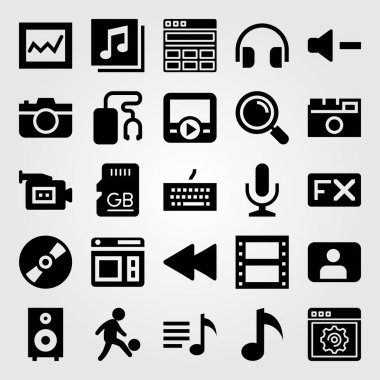 Multimedya vektör Icon set. mikrofon, klavye, analytics ve geri sarma