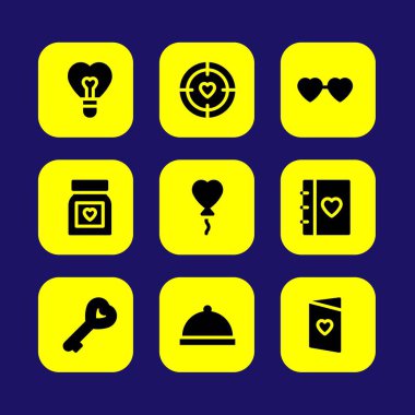 Sevgililer günü vektör Icon set. aşk gündemi, aşk hapları, kalp gözlük ve plaka