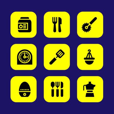 Mutfak vektör Icon set. Zamanlayıcı, pizza kesici, spatula ve pot