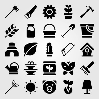 Bahçe vektör Icon set. Can, gübre, kuş evi ve yaprak
