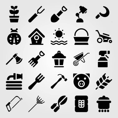 Bahçe vektör Icon set. Hortum, komisyon, bitki ve balta