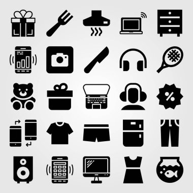 Alışveriş vektör Icon set. çekmeceler, smartphone, elbise ve hoparlör