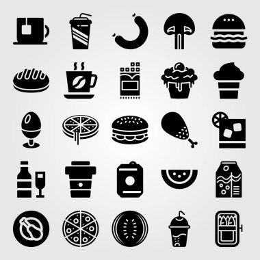 Yiyecek ve içecekler Icon set vektör. Pizza, kahve fincanı, dondurma ve burger