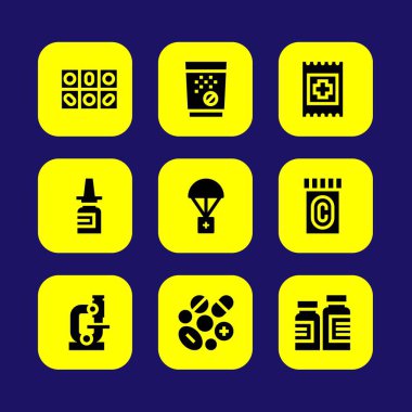 Tıp vektör Icon set. Tıp, tablet, mikroskop ve grubu yardım