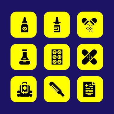 Tıp vektör Icon set. hap, şişesi, yama ve burun spreyi