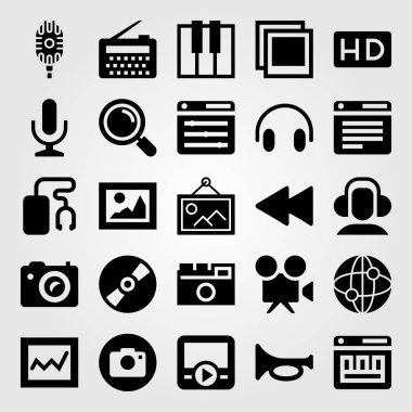 Multimedya vektör Icon set. HD, Büyüteç, internet ve klavye