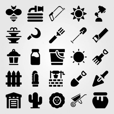 Bahçe vektör Icon set. Çatal, bal, çatal bıçak takımı ve lamba