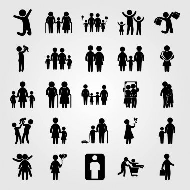 İnsanlar simge vektör ayarlayın. adam, portre ve çocuk atlama annesiyle iki chields,
