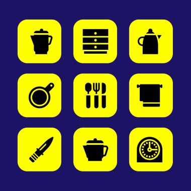 Mutfak vektör Icon set. Pan, bıçak, havlu ve kabine