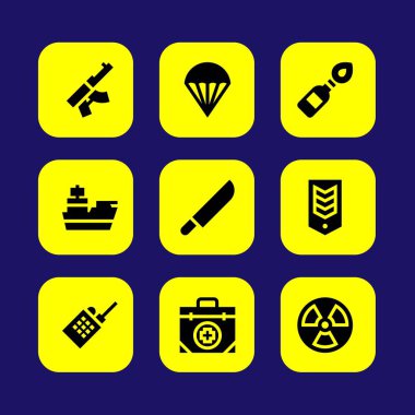 Silah vektör Icon set. Chevron, İlkyardım çantası, Molotof kokteyli ve bıçak