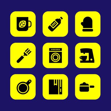Mutfak vektör Icon set. Pan, çay bardağı, çatal ve çatal bıçak takımı