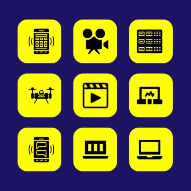 Teknoloji vektör Icon set. sunucu, dizüstü bilgisayar, casus uçak ve akıllı telefon