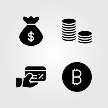 Para Icons set. Vektör çizim paralar, para çantasını, bozuk para ve kredi kartı