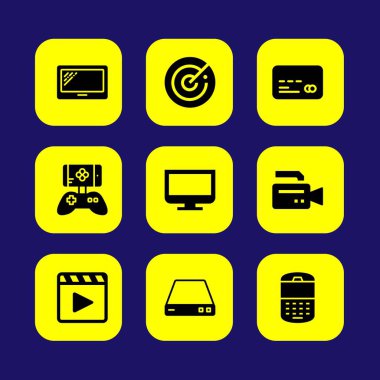Teknoloji vektör Icon set. oyun kumandası, video kamera, telefon ve cep telefonu