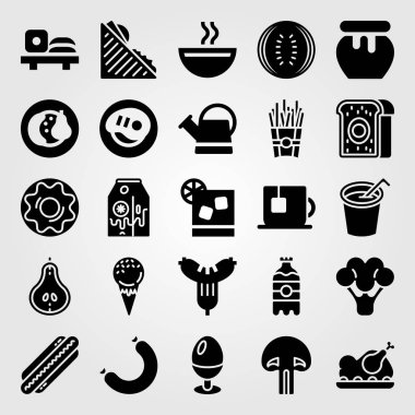 Yiyecek ve içecekler Icon set vektör. Dondurma, içki, meyve ve çorba