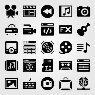Multimedya vektör Icon set. radyo, gitar, sd kart ve fotoğraf kamera