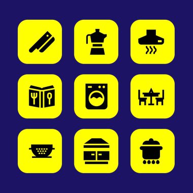 Mutfak vektör Icon set. pot, tarifi, su ısıtıcısı ve cleaver