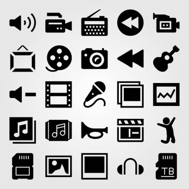 Çoklu ortam simgesini vektör ayarlayın. geri sarma, quaver, gitar ve sd kart