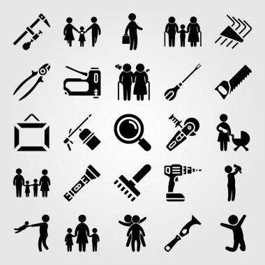 Araçlar simgesi vektör ayarlayın. Baba, anne ile iki chields, iş ve yaşlı adam