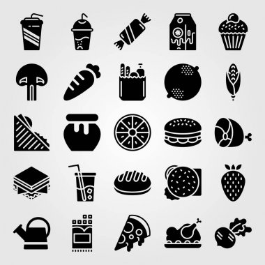 Yiyecek ve içecekler simge vektör ayarlayın. cupcake, içki, et ve meşrubat