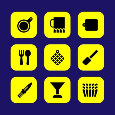 Mutfak vektör Icon set. Raket, mutfak kurulu, havlu ve çatal bıçak takımı