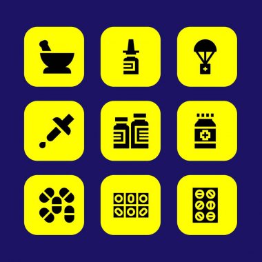 Tıp vektör Icon set. Yardım, pipet, tıp ve tabletler