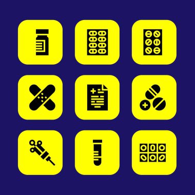 Tıp vektör Icon set. Tıp, tüp, şırınga ve yama