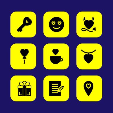 Sevgililer günü vektör Icon set. Kupası, aşık gülümseme, konumu ve Sevgililer günü aşk