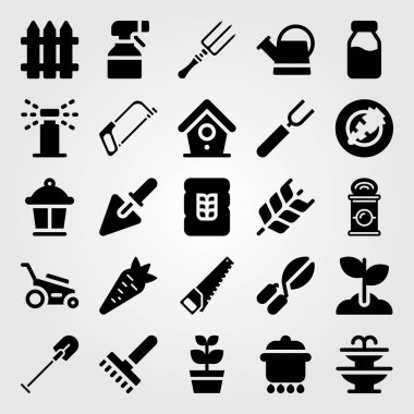 Bahçe vektör Icon set. süt şişesi, pot, kürek ve Çeşme