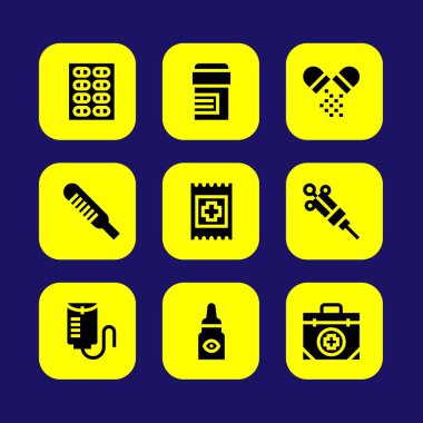 Tıp vektör Icon set. Grup, göz damlası, şırınga ve yardım