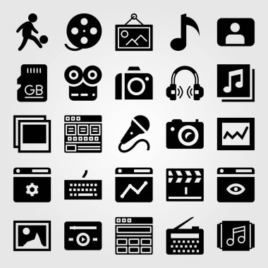 Multimedya vektör Icon set. fotoğraf makinesi, tarayıcı, mikrofon ve kullanıcı