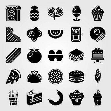 Yiyecek ve içecekler Icon set vektör. Mısır, meşrubat, domates ve ananas