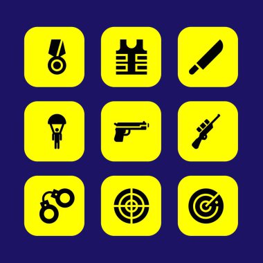 Silah vektör Icon set. bıçak, kelepçe, radar ve keskin nişancı