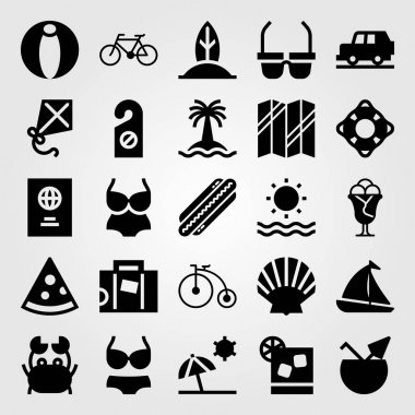 Yaz aylarında vektör Icon set. Güneş, kapı kolu, güneş gözlüğü ve araba