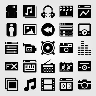 Multimedya vektör Icon set. kulaklıklar, film rulo, nota ve hoparlör