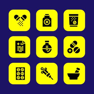 Tıp vektör Icon set. tıbbi sonucu, harç, şişesi ve tabletler