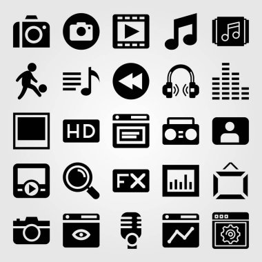 Multimedya vektör Icon set. tarayıcı, geri sarma, fotoğraf makinesi ve Büyüteç