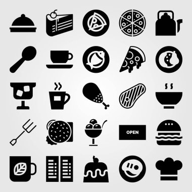 Restoran vektör Icon set. Çatal, çorba, kek ve pizza