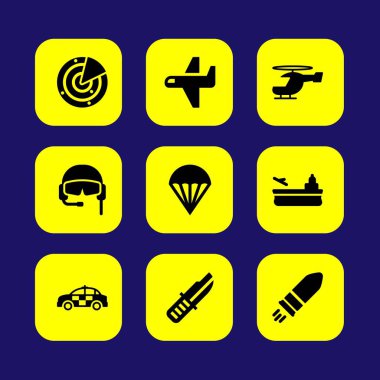 Askeri vektör Icon set. Uçak, polis arabası, radar ve helikopter