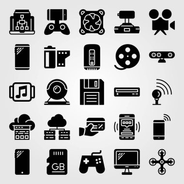 Teknoloji vektör Icon set. monitör, bellek, doskette ve film rulo