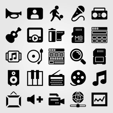 Multimedya vektör Icon set. nota, film oynatıcı, video kamera ve futbolcu