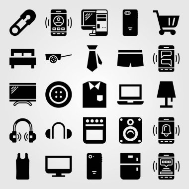 Alışveriş vektör Icon set. dizüstü bilgisayar, toplu iğne, çengelli iğne ve gömlek