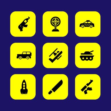 Askeri vektör Icon set. ısıtıcı, helikopter, amaç ve tüfek