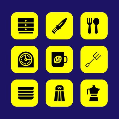 Mutfak vektör Icon set. su ısıtıcısı, dolap, zamanlayıcı ve yemekleri