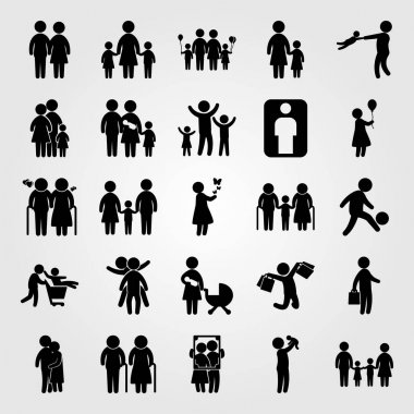 İnsanlar Icon set vektör. Bebek, anne iki chields, kız ve sarılma