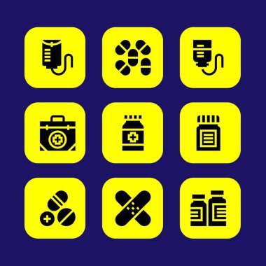 Tıp vektör Icon set. ilk yardım kiti, yama, tıp ve damla sayacı