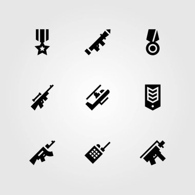 Silah vektör Icon set. Helikopter, walkie talkie, keskin nişancı ve av tüfeği