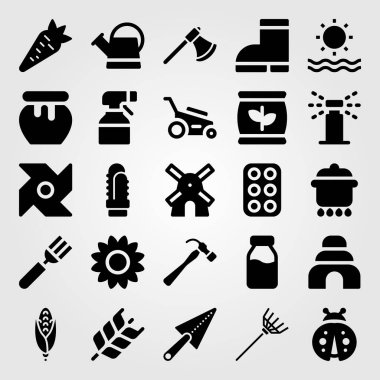 Bahçe vektör Icon set. Komisyon, çim biçme makinesi, fırıldak ve yel değirmeni