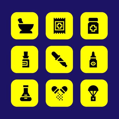 Tıp vektör Icon set. Göz damlaları, pipet, yardım grubu ve hapları